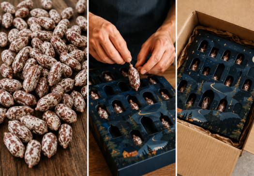 Fabrication du calendrier de l'avent saucisson dans les ateliers ardéchois de Joyeuse : grignottes et saucissons secs entiers