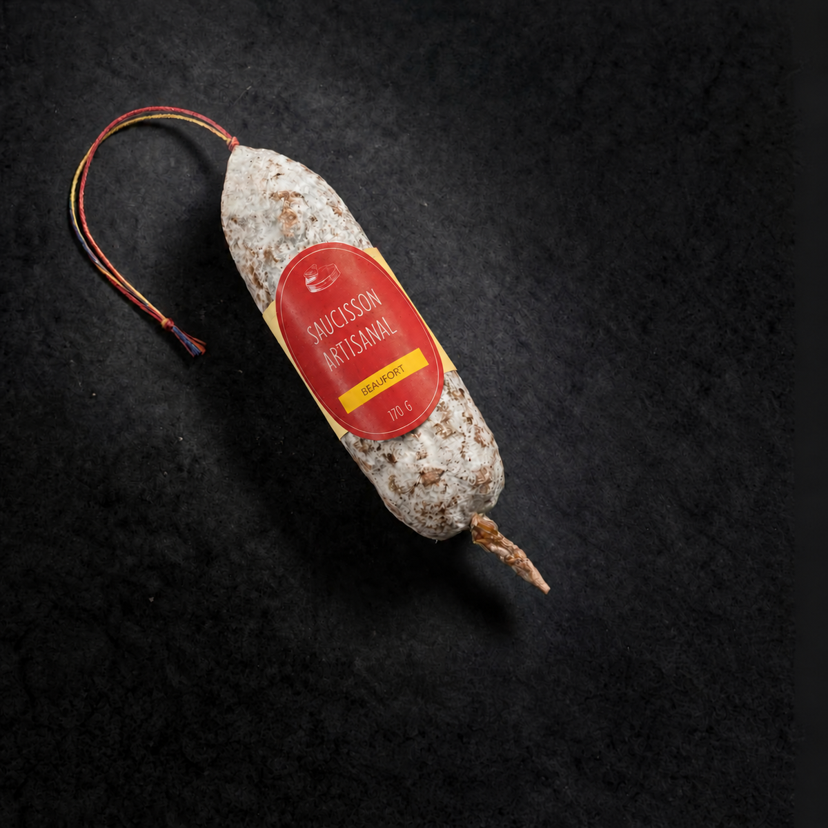 Artisan dry-cured saucisson with Beaufort cheese worked into the sausage, 170 g, with its tricolour string and label on a black slate background