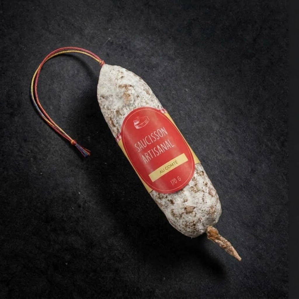 Saucisson sec artisanal au Comté 170 g avec sa ficelle tricolore et son étiquette, sur fond d'ardoise noire